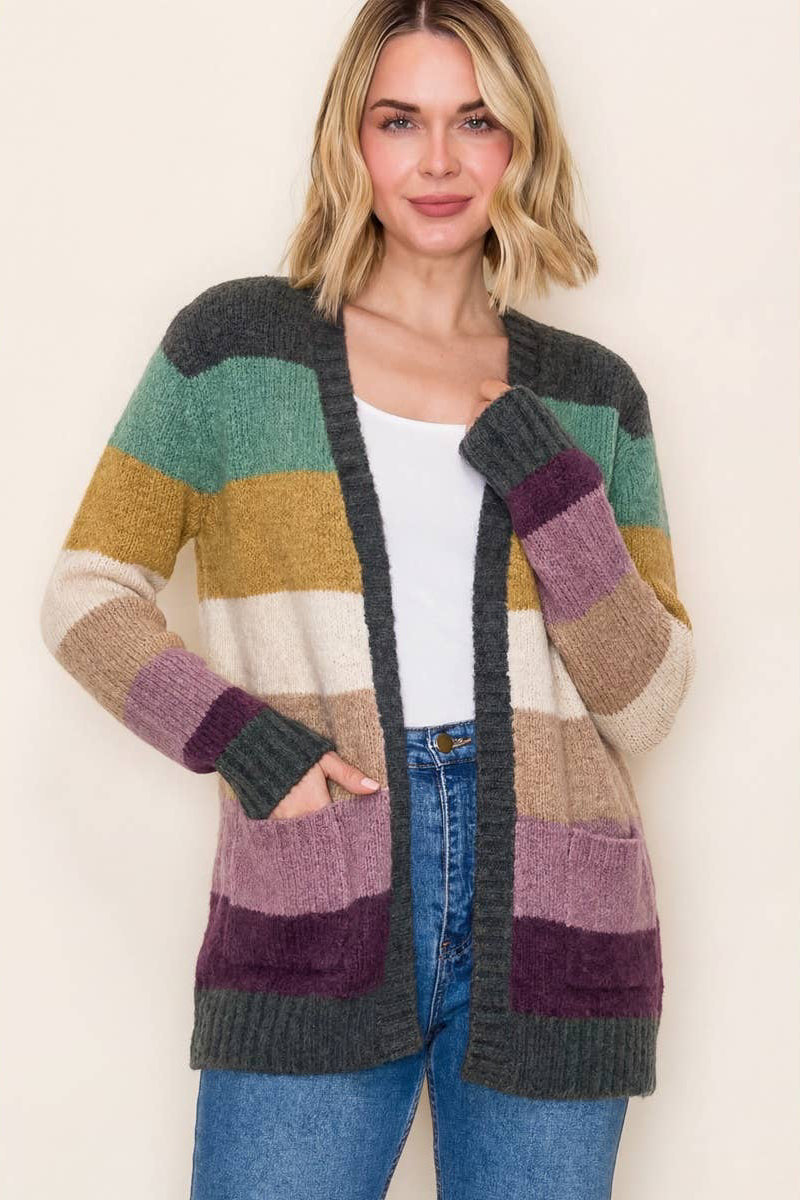 Color Block Stripe Pocket Cardigan