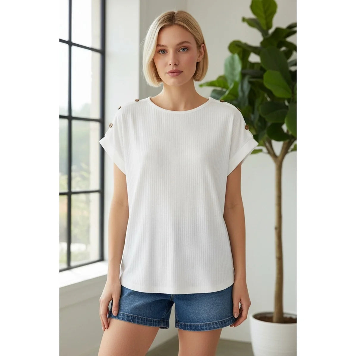 White Button Sleeve Tee