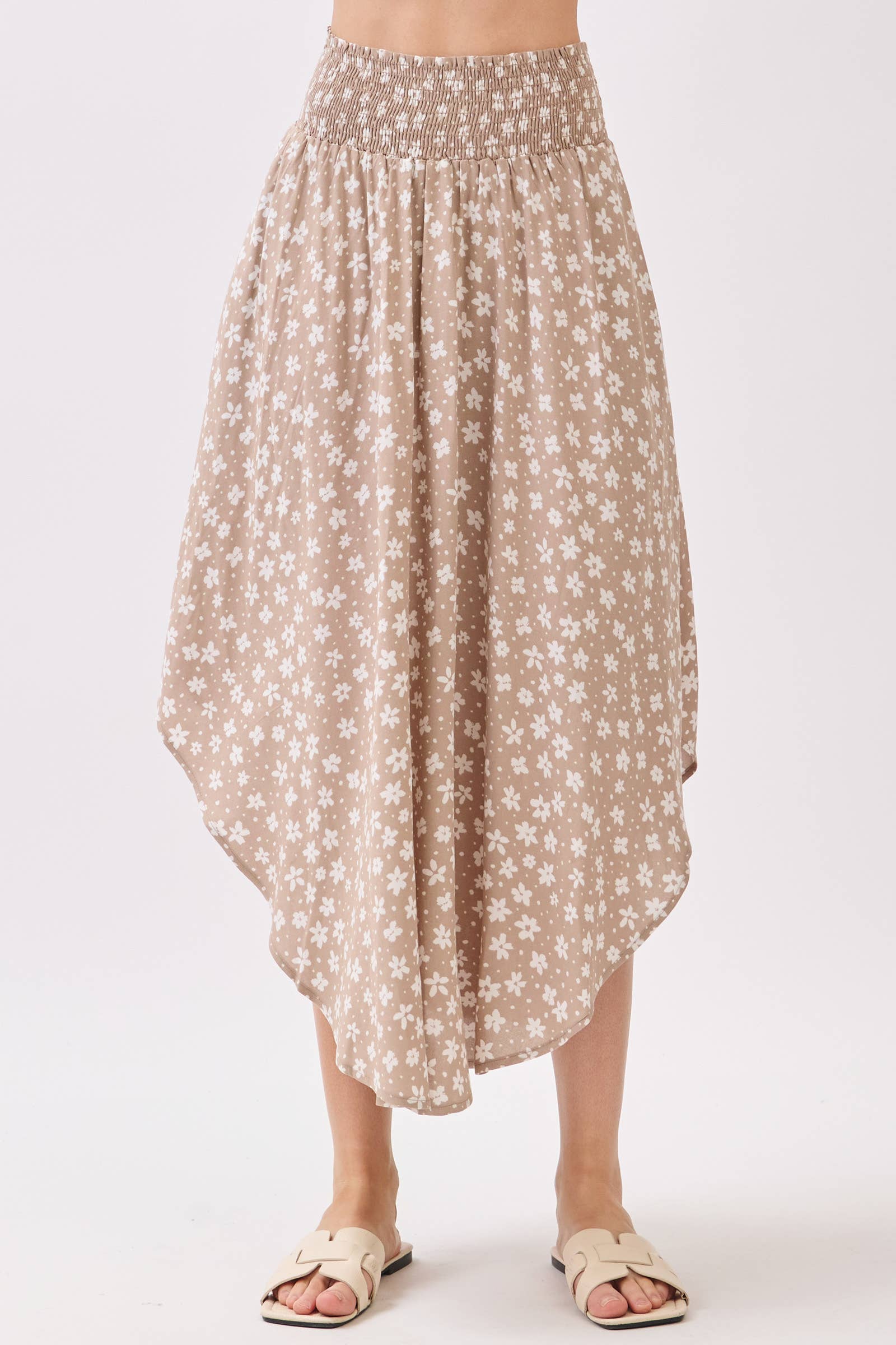 Natural Floral Smocked Waist Maxi Skirt