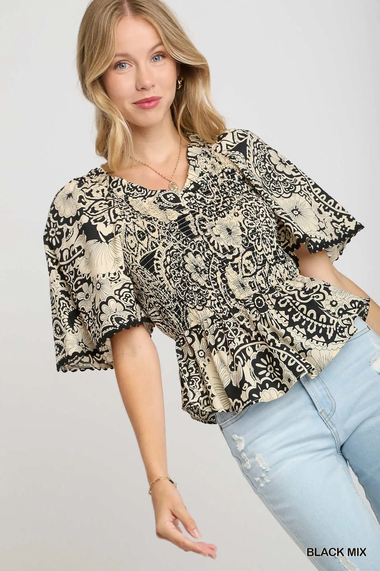 Paisley Print Smocked Top