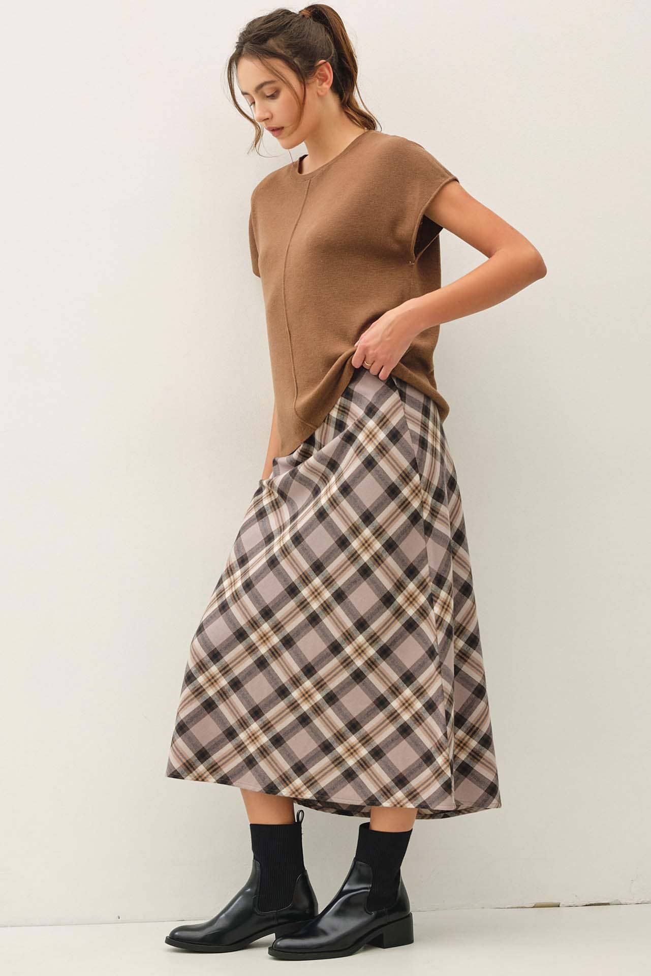 Plaid A-Line Midi Skirt