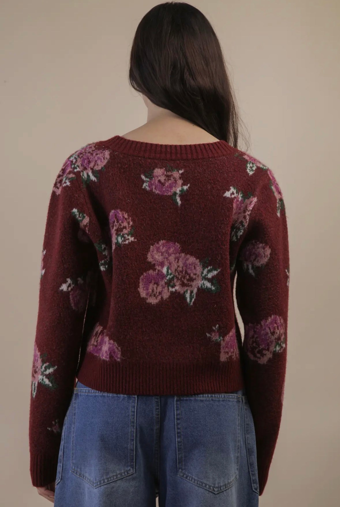 Wine Floral Button Cardigan
