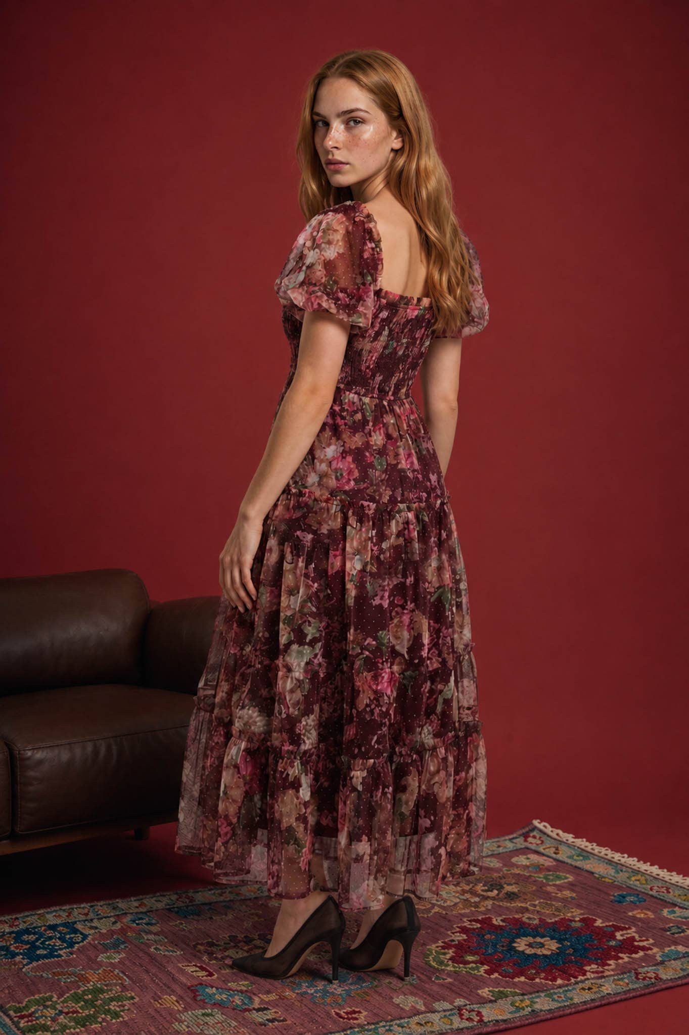 Tulle Floral Dot Midi Dress