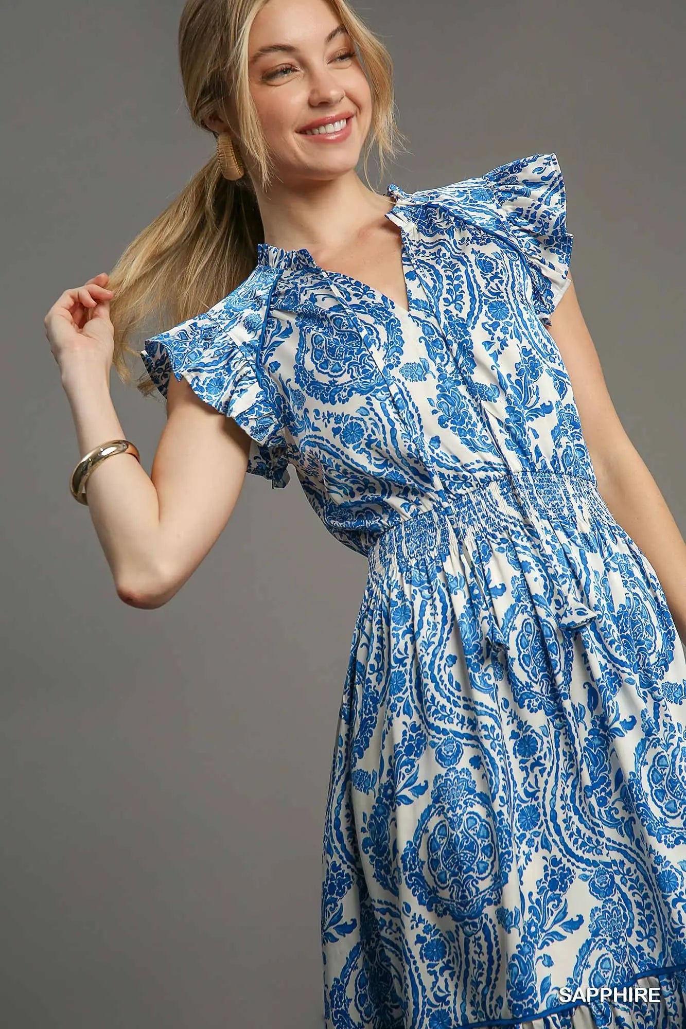 Blue Paisley Print Midi Dress
