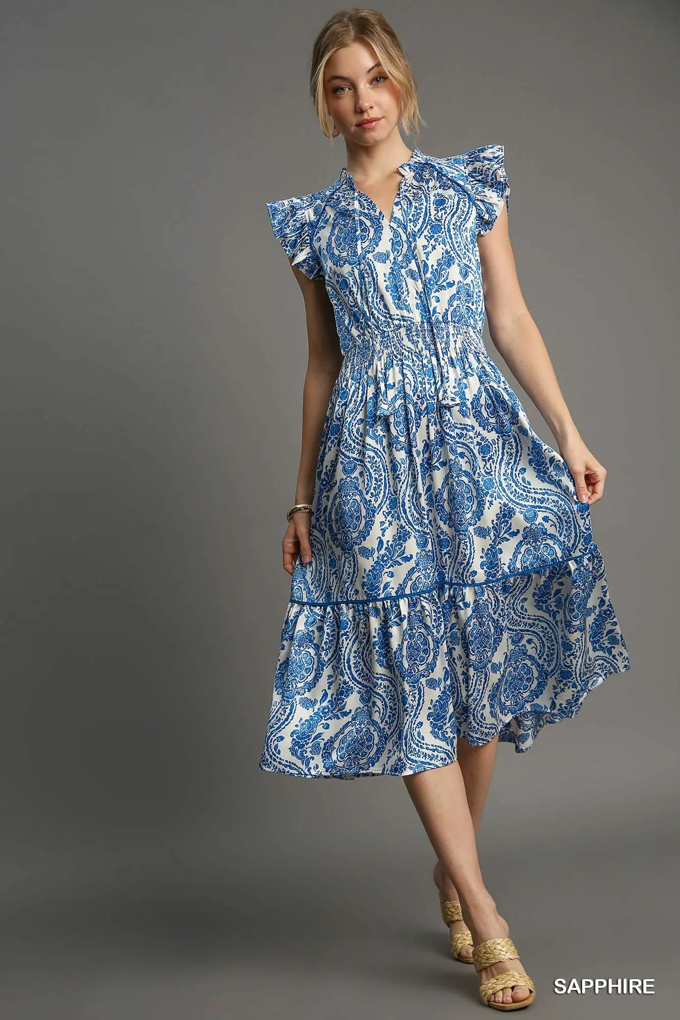 Blue Paisley Print Midi Dress