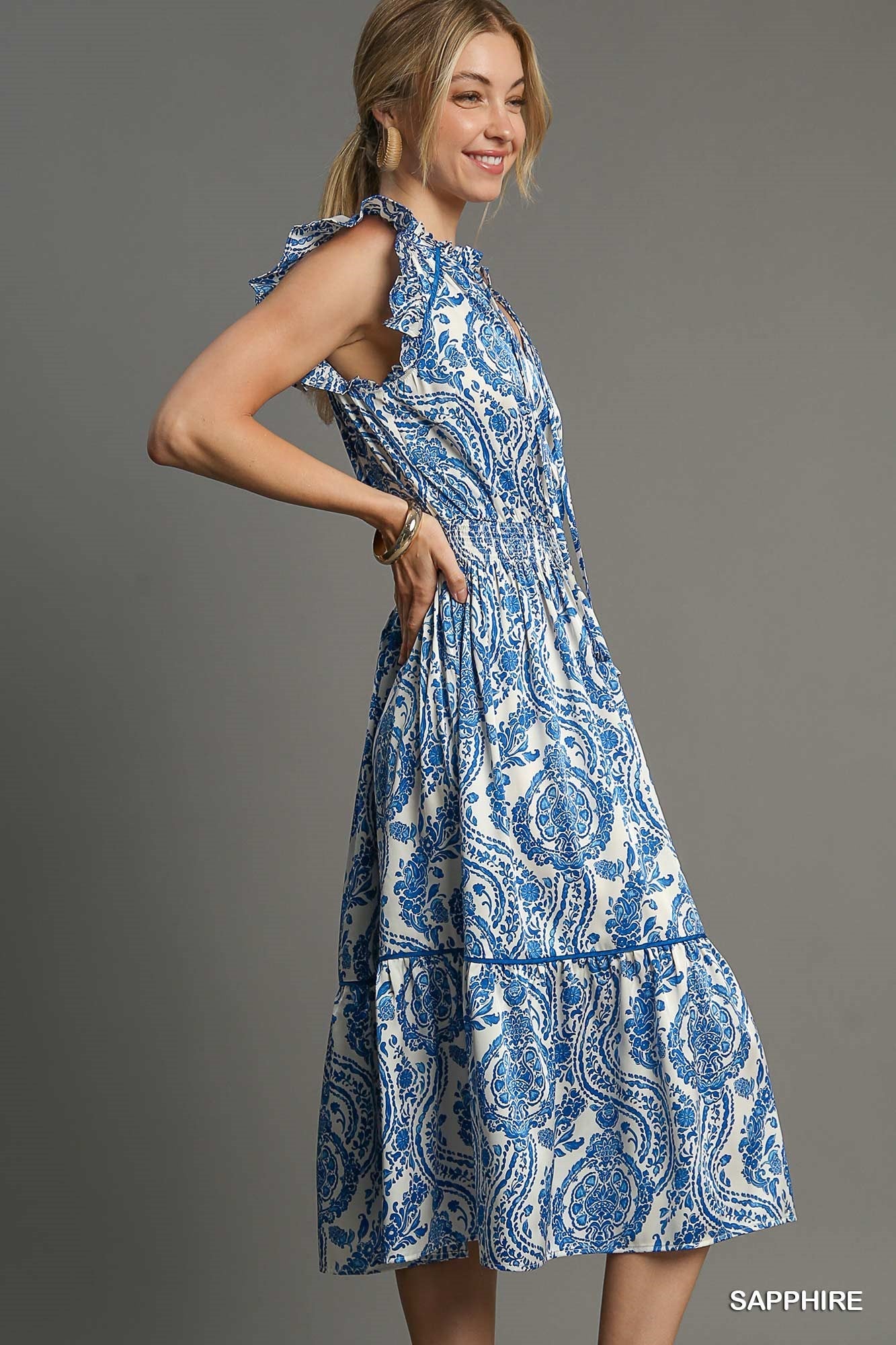 Blue Paisley Print Midi Dress