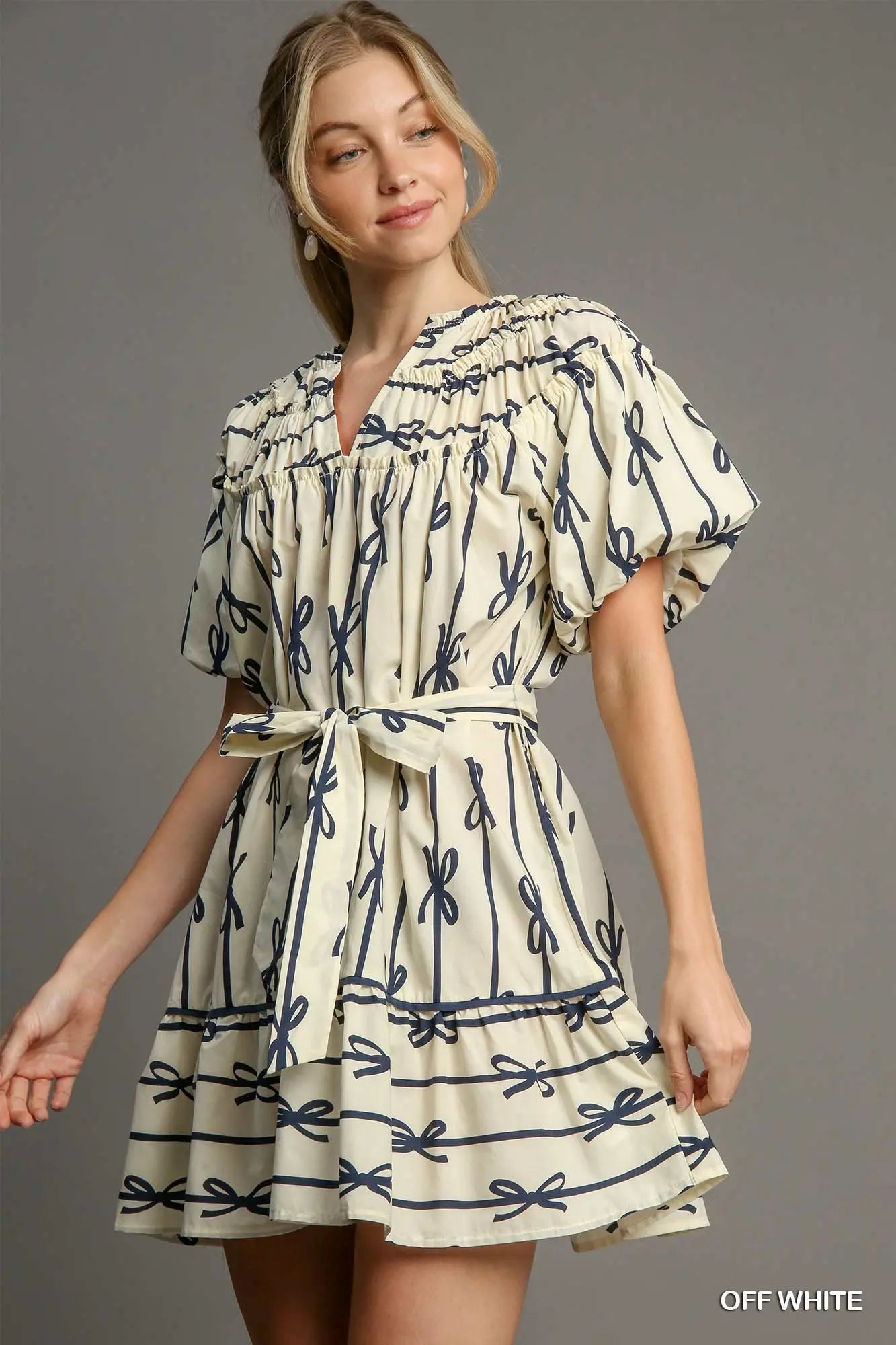 Ribbon Print Belted Dress