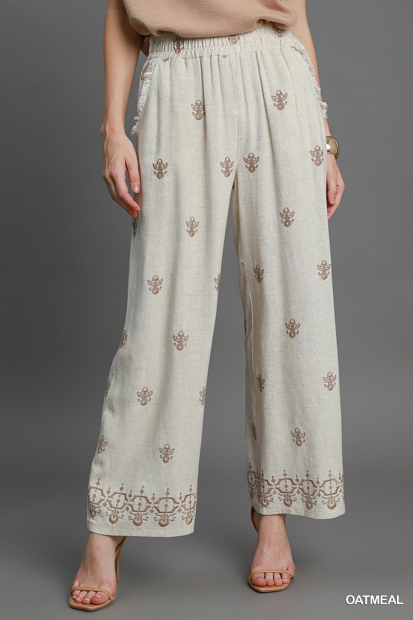 Linen Embroidered Wide Leg Pants