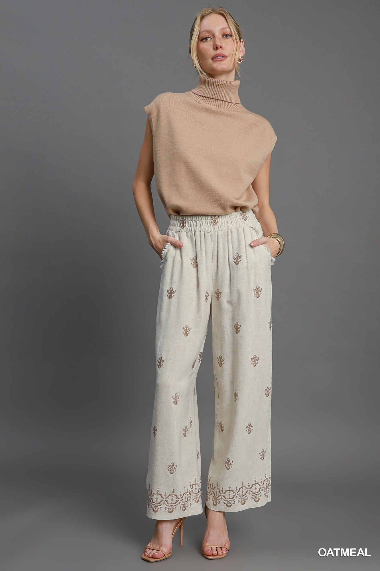 Linen Embroidered Wide Leg Pants