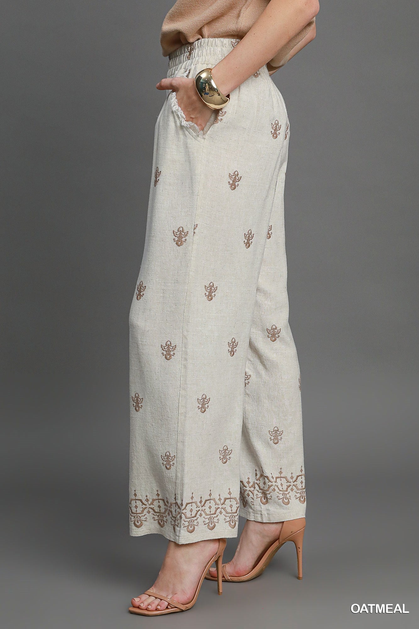 Linen Embroidered Wide Leg Pants