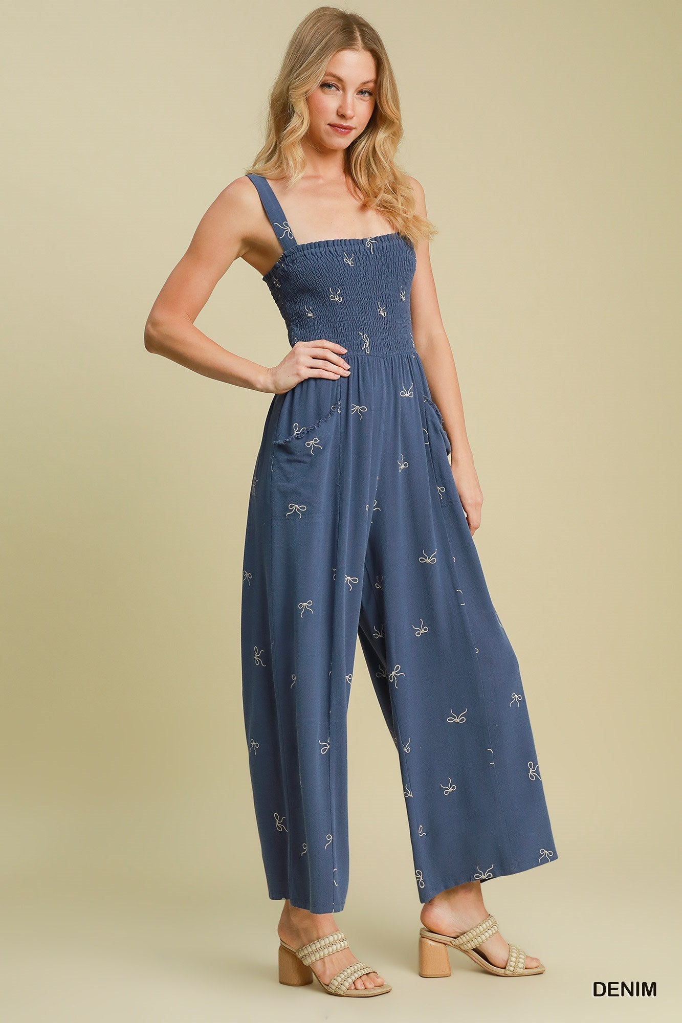 Linen Bow Smocked Jumpsuit