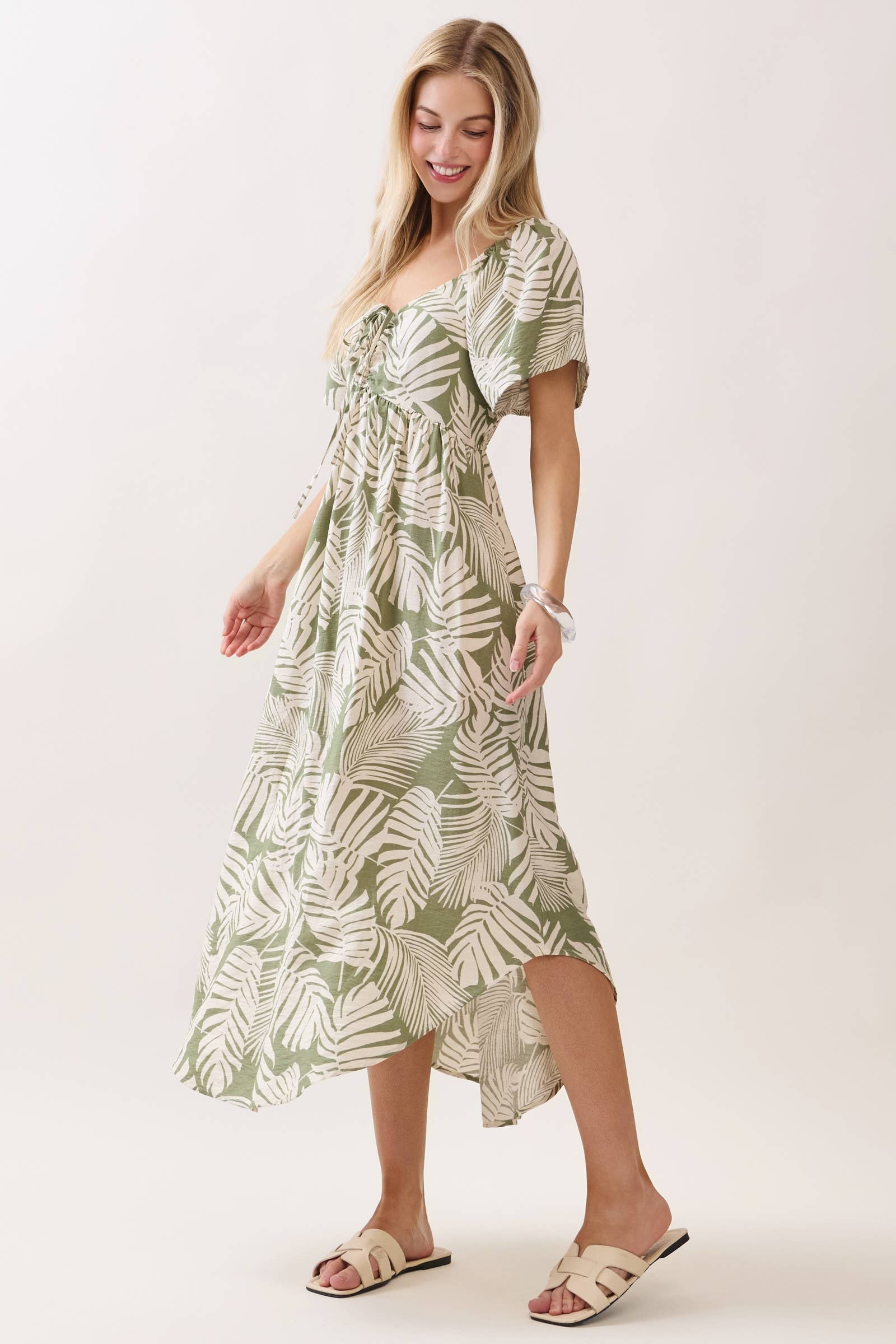 Tropical Leaf Rouched Midi Dress