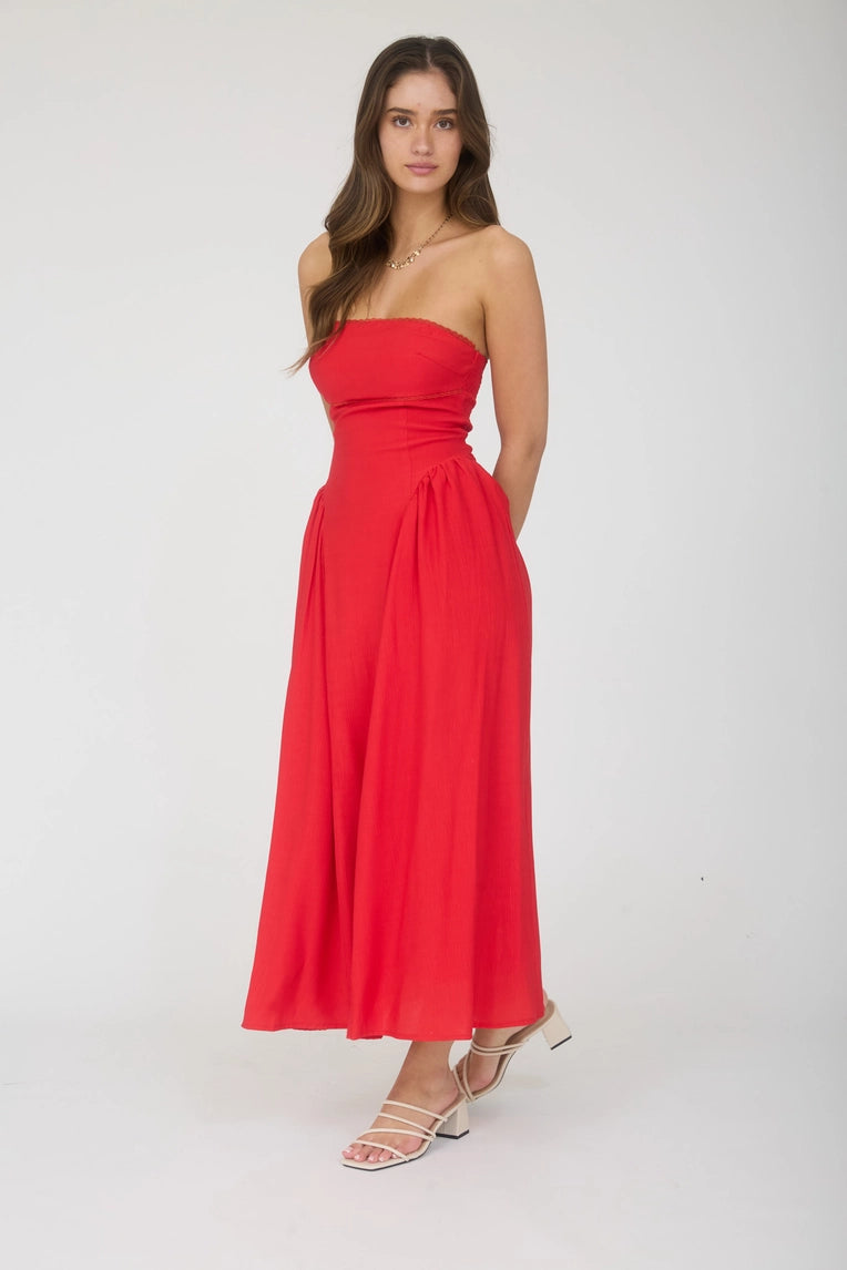 Red Strapless Gathered Hip Dress