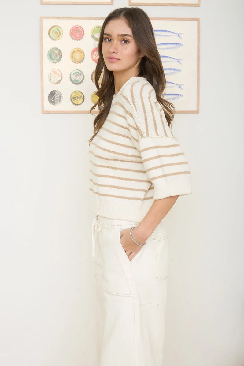 Khaki Stripe Raw Edge Knit Top