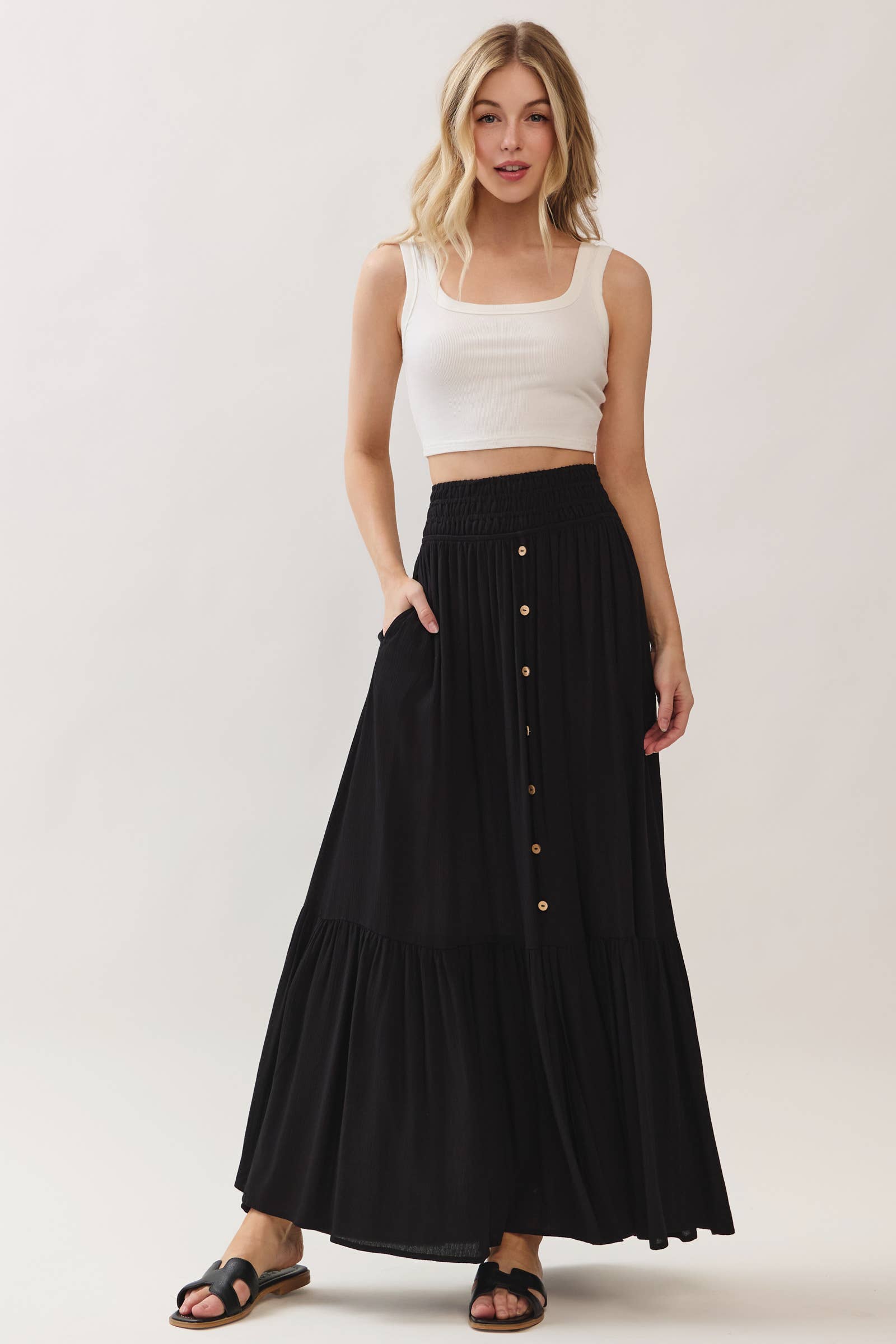 Smock Waist Tiered Button Maxi Skirt