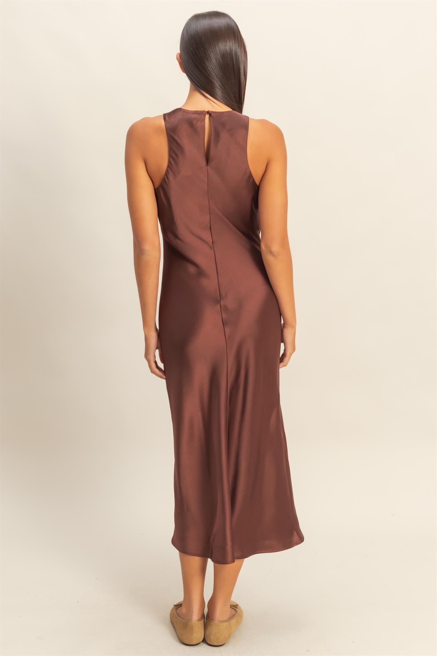 Chestnut High Neck Satin Slip Dress