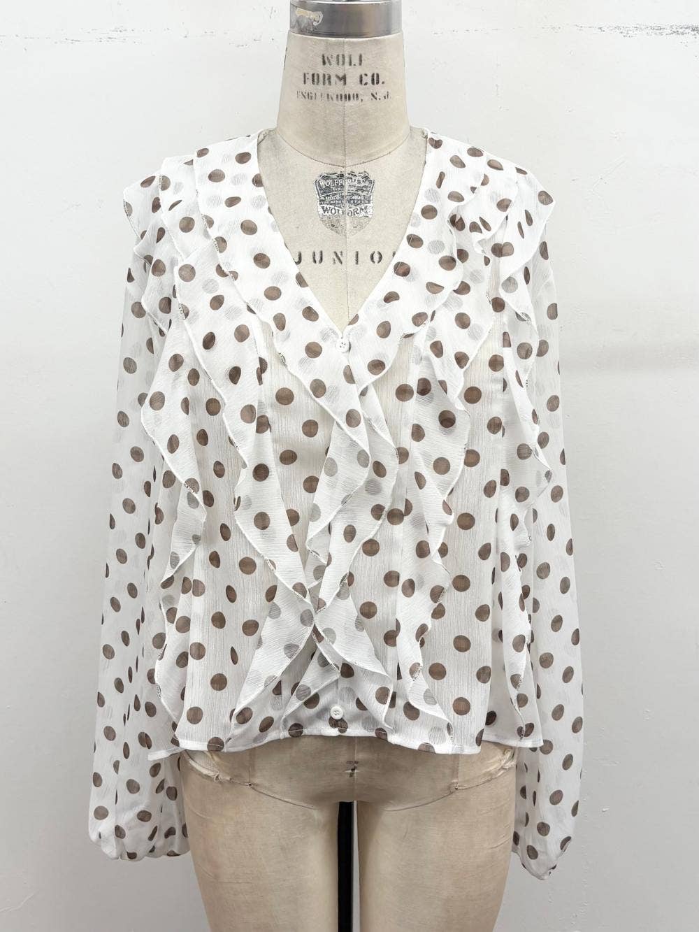 Polka Dot Ruffle Front Blouse
