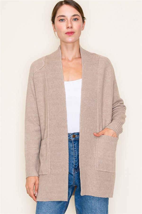 Oatmeal Ribbed Collar Long Cardi