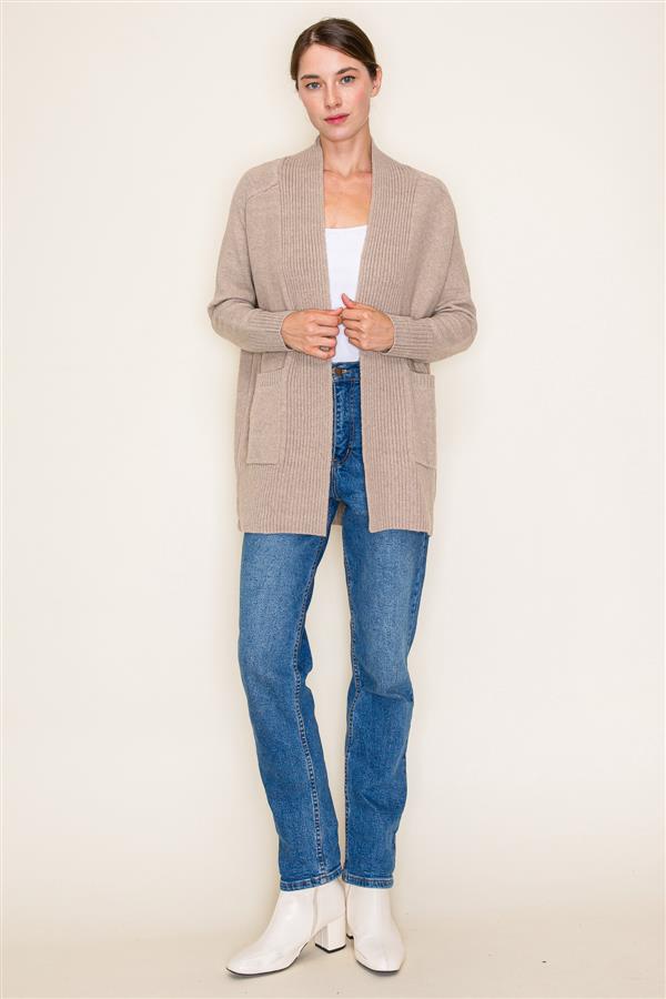 Oatmeal Ribbed Collar Long Cardi