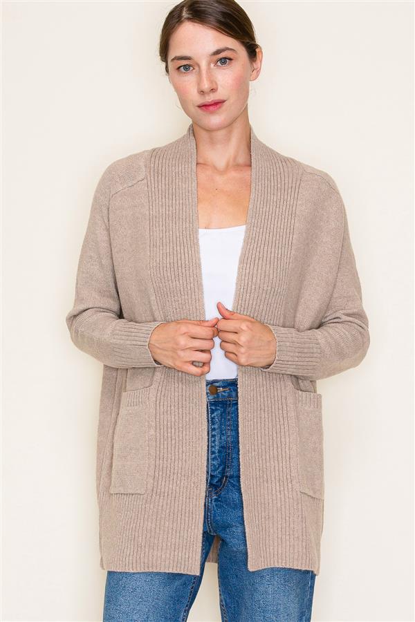 Oatmeal Ribbed Collar Long Cardi