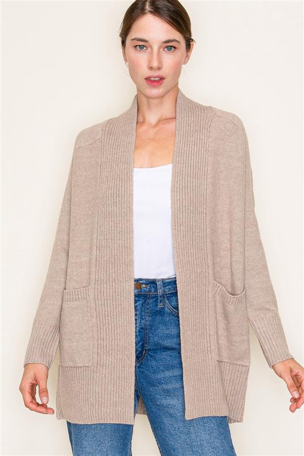 Oatmeal Ribbed Collar Long Cardi