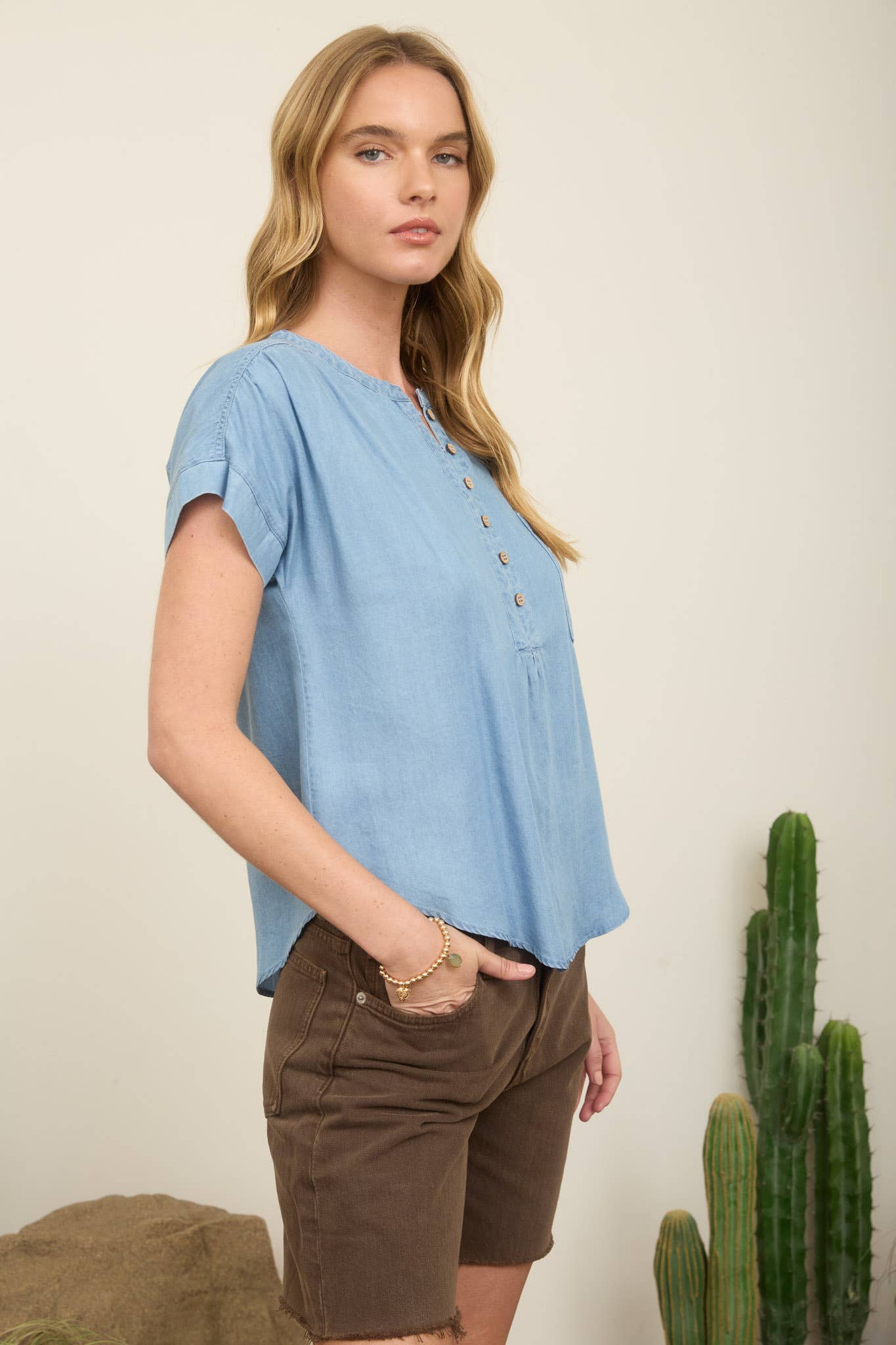 Chambray Denim Henley Top