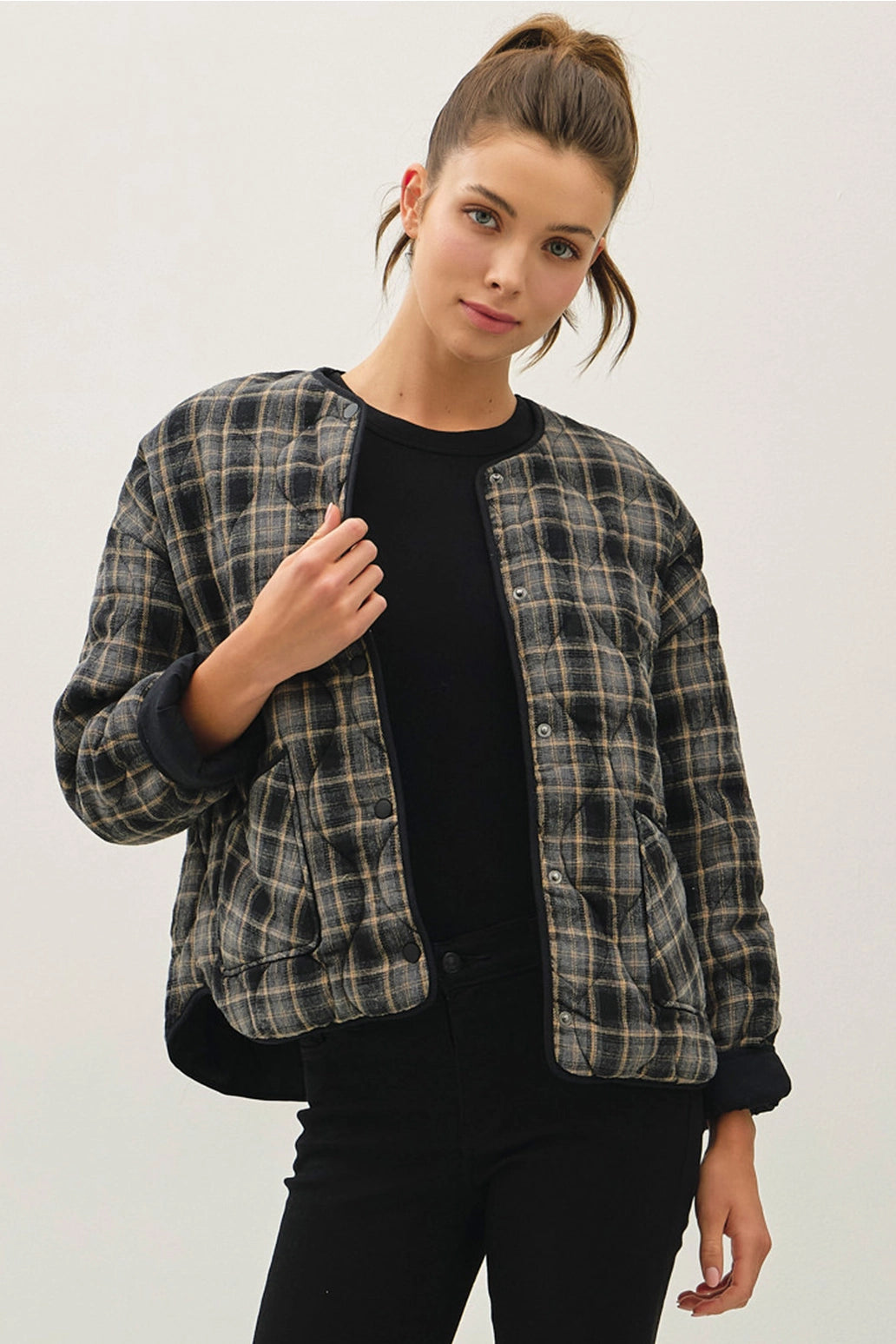 Black Plaid Quilted Jacket