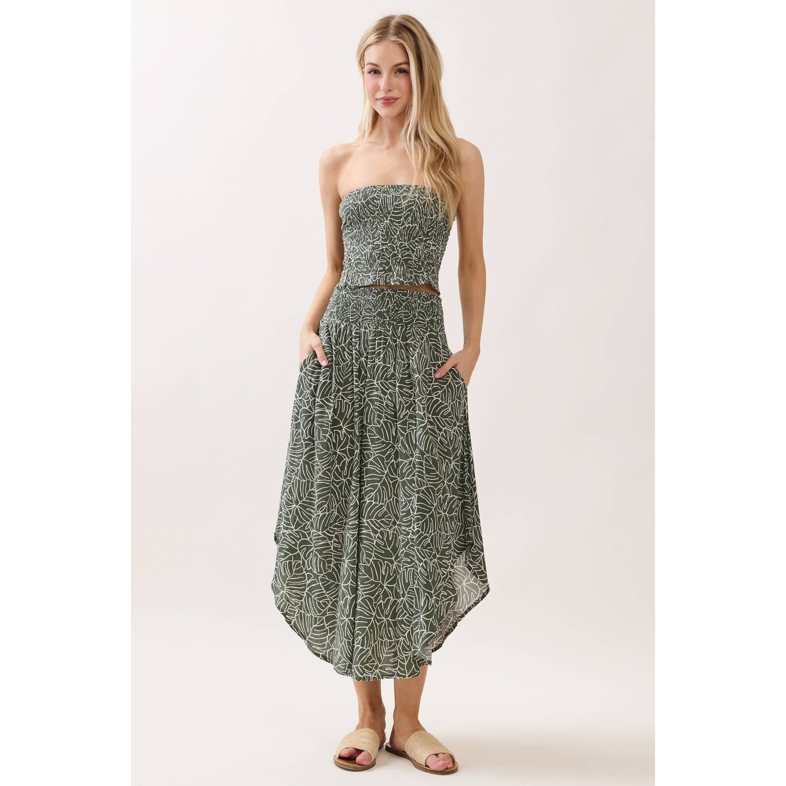 Leaf Smocked Waist Maxi Skirt