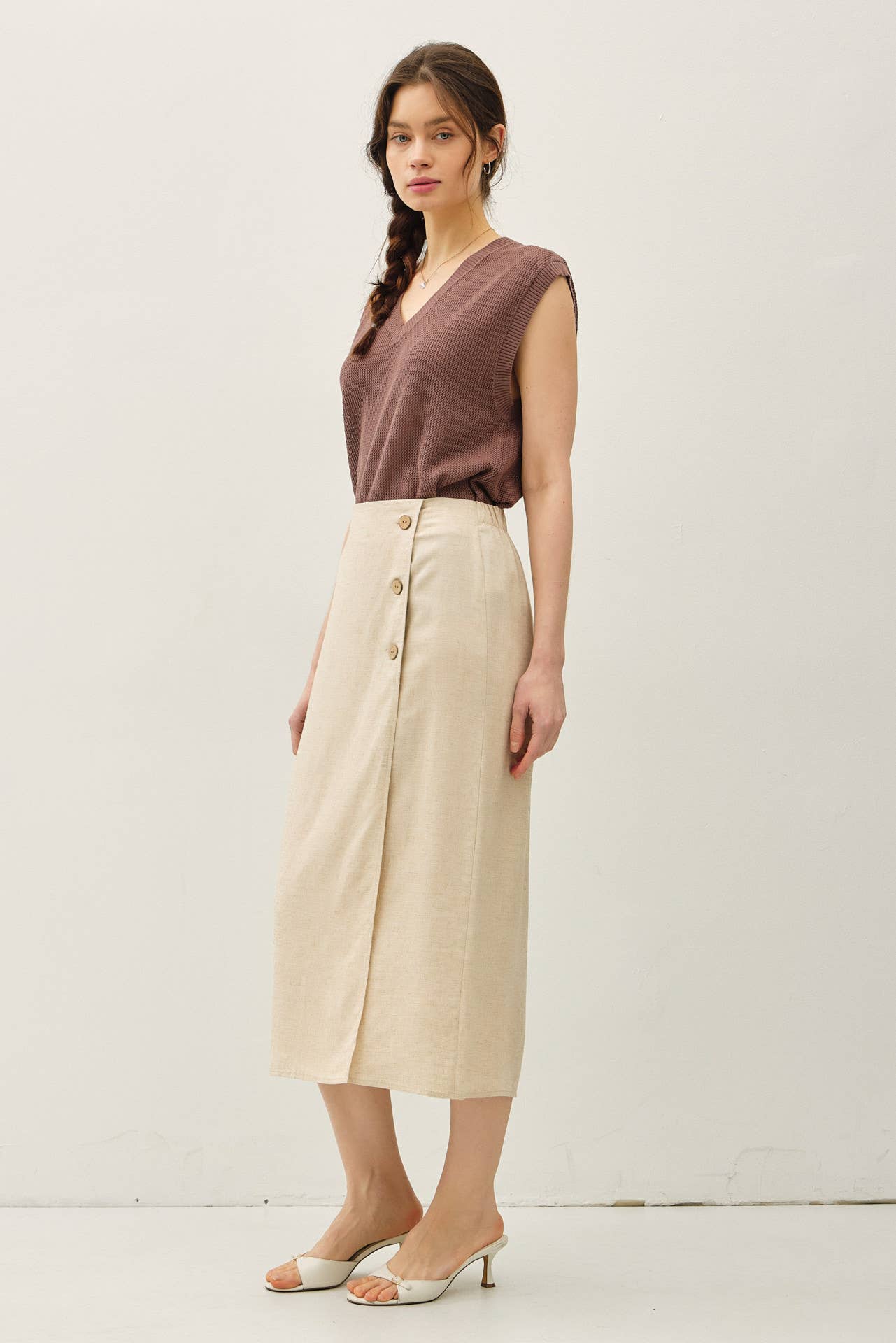 Linen Wrap Wood Button Midi Skirt