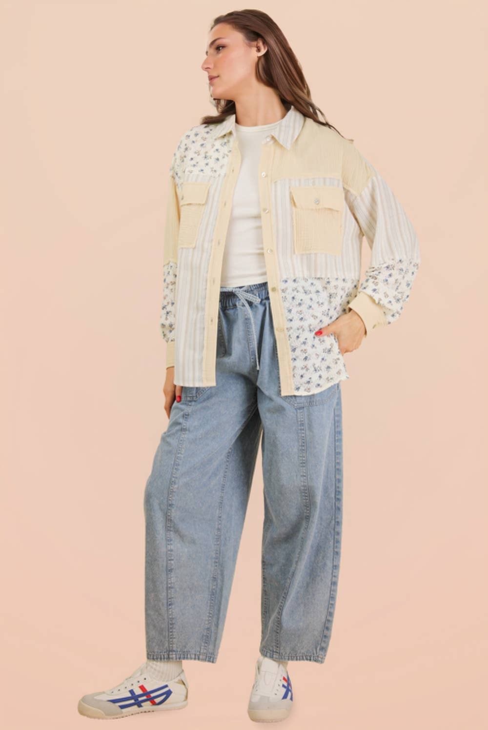 Floral Stripe Patchwork Button Up