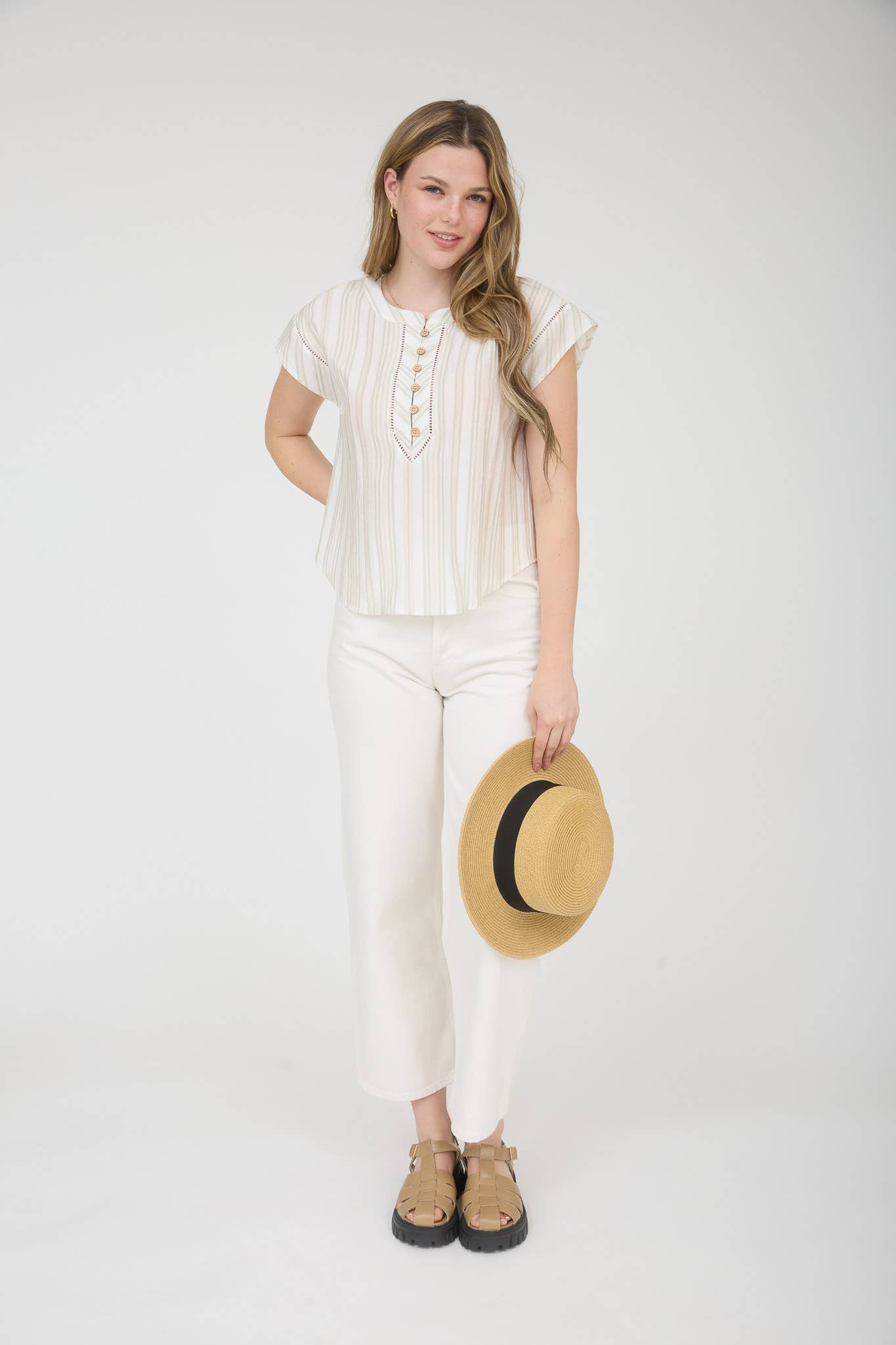 Stripe Wood Button Henley Top