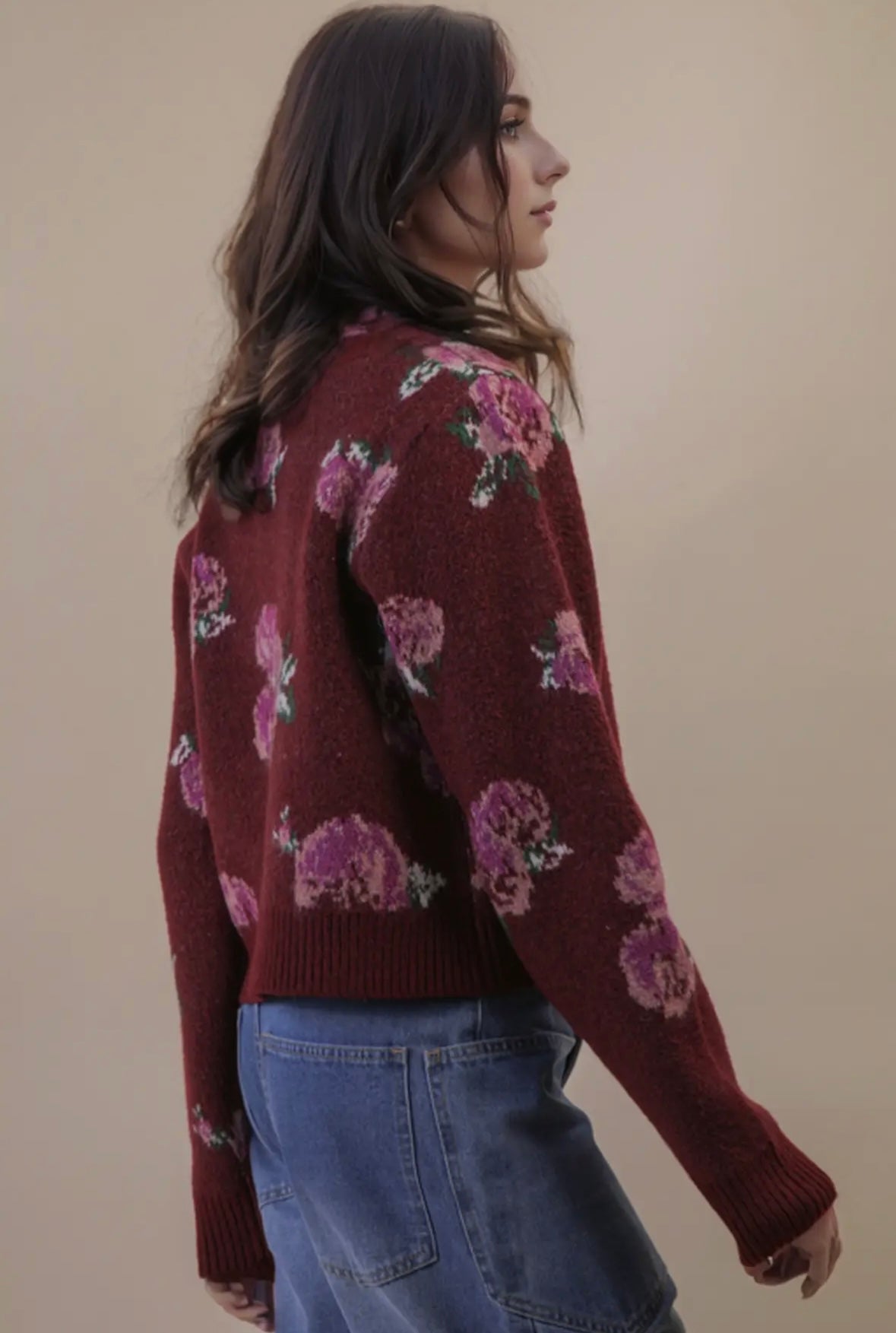 Wine Floral Button Cardigan
