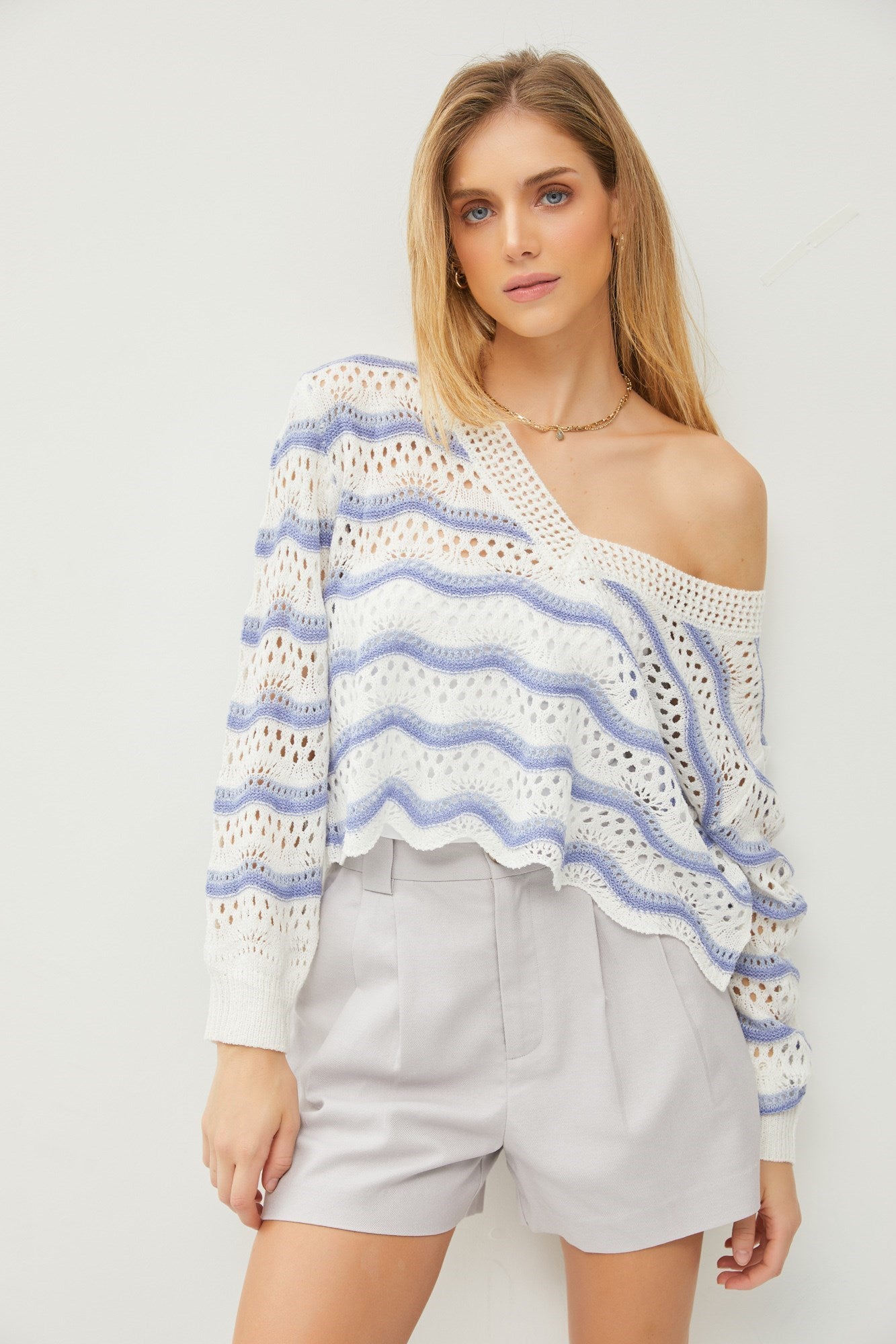 White Wavy Stripe Crochet Sweater