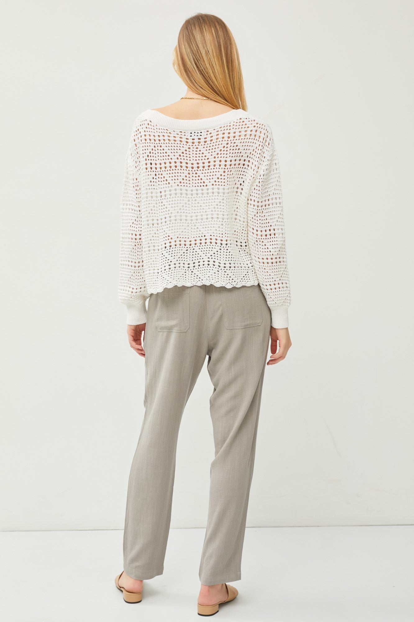 White Crochet V-Neck Sweater