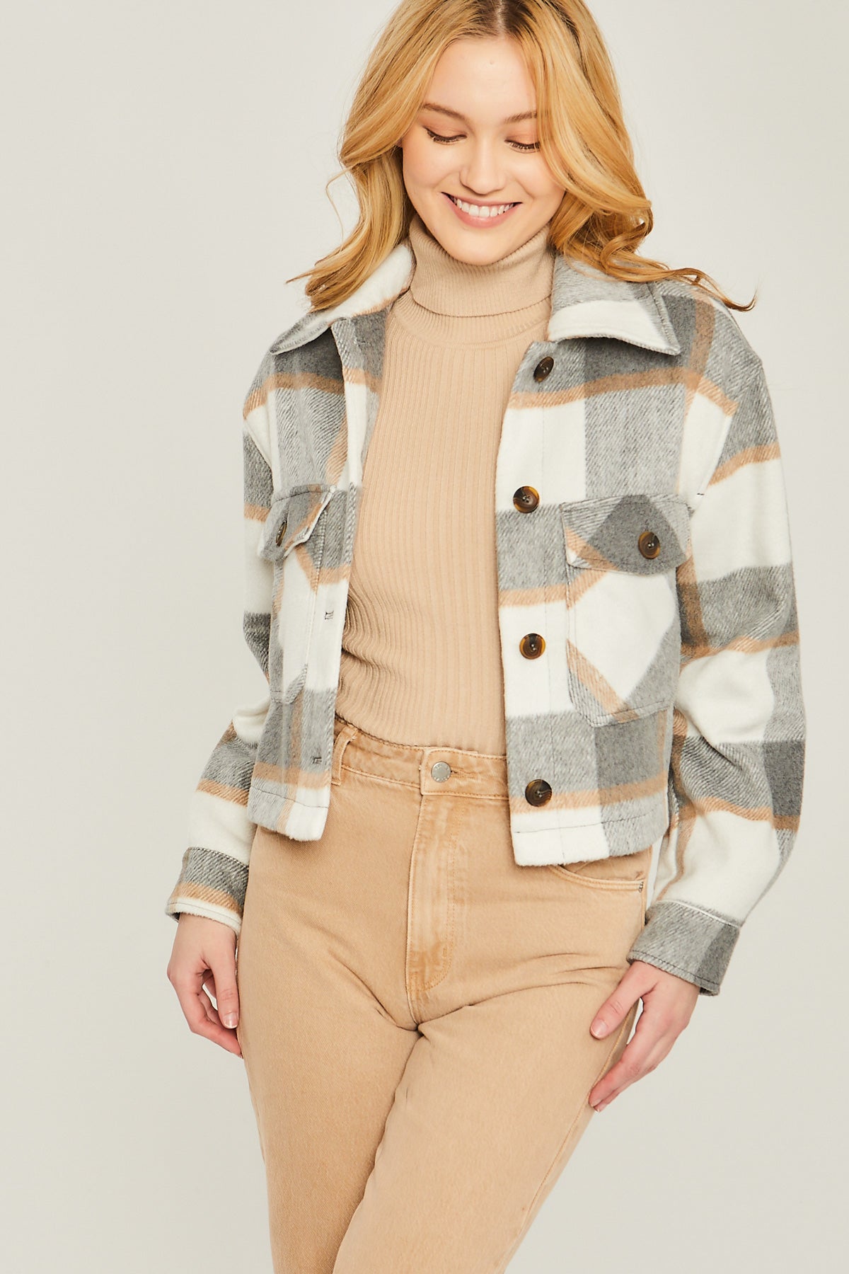 Grey Plaid Crop Shacket