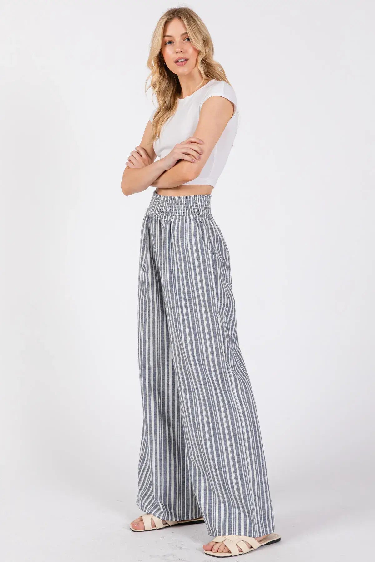 Linen Navy Stripe Wide Leg Pants