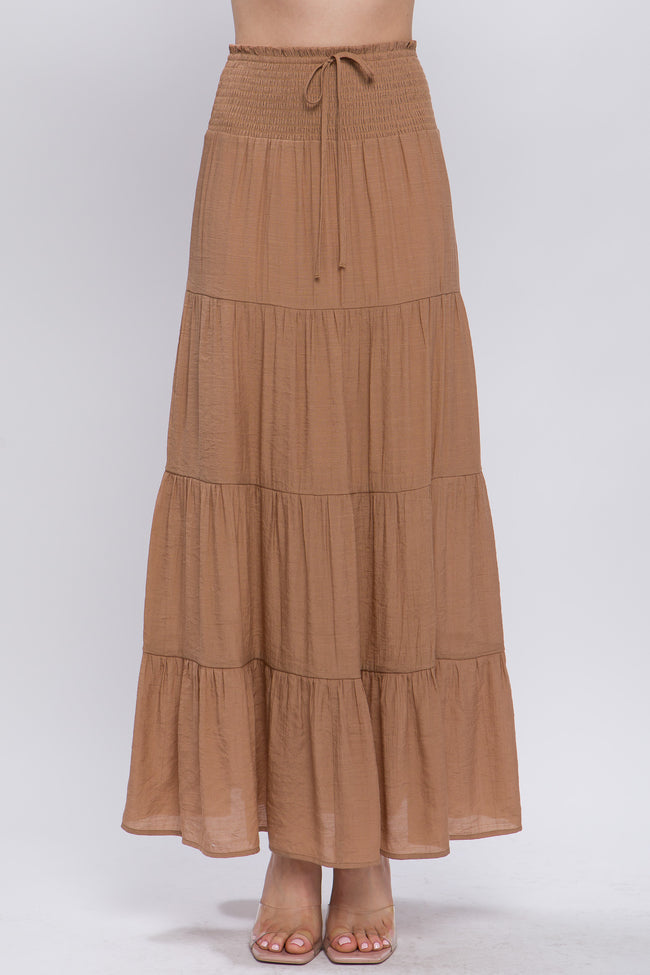 Rust Tiered Rouched Waist Maxi Skirt