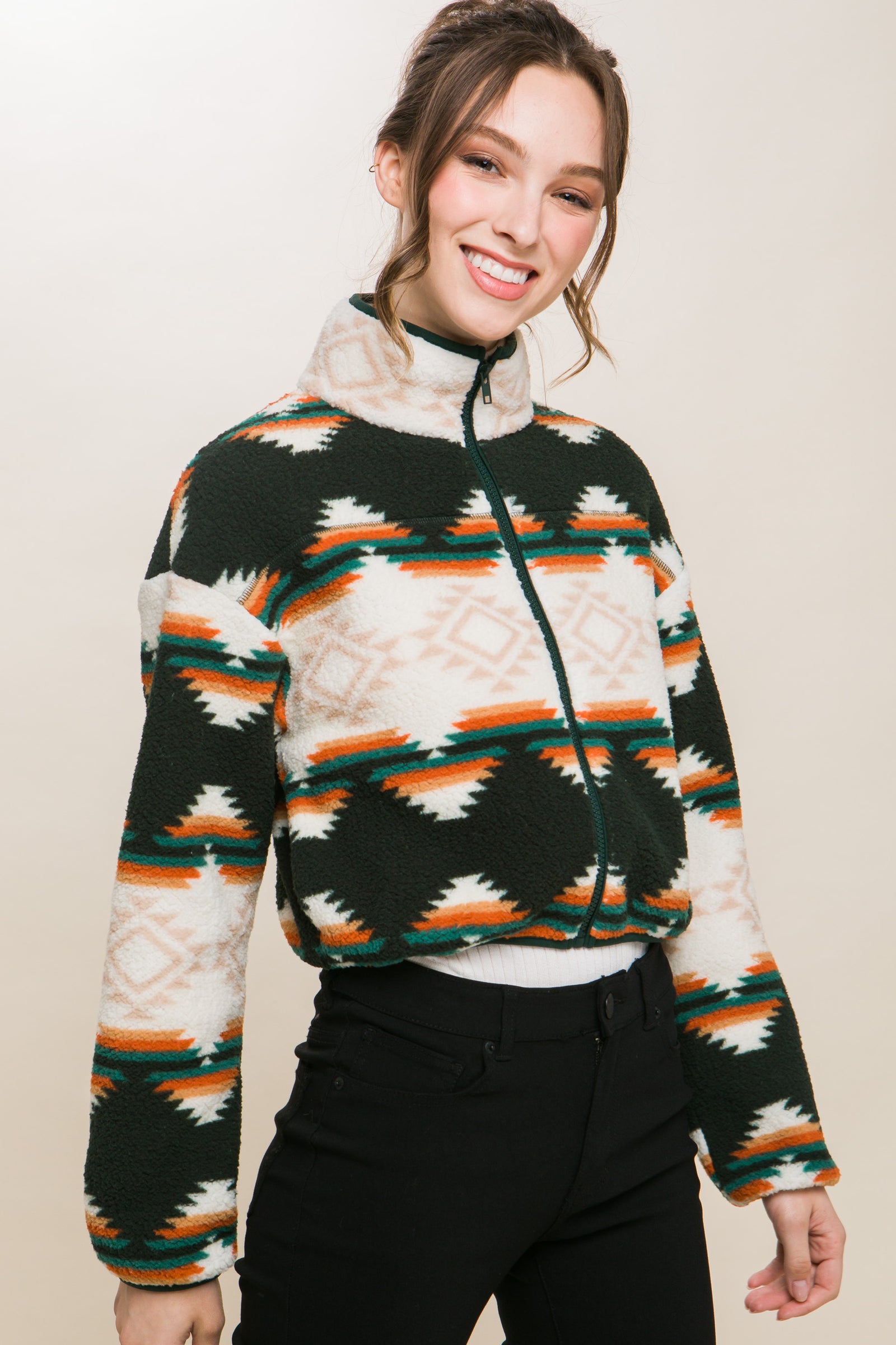 Aztec Hunter Fleece Crop Zip Up