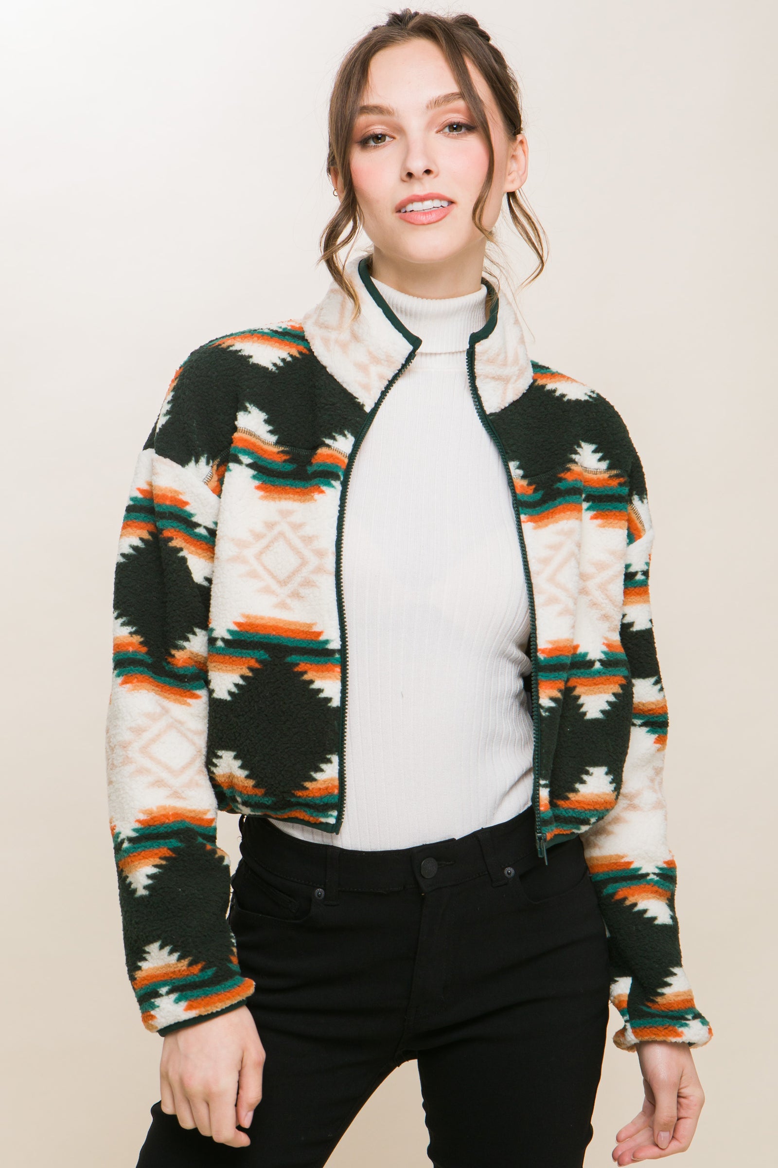 Aztec Hunter Fleece Crop Zip Up