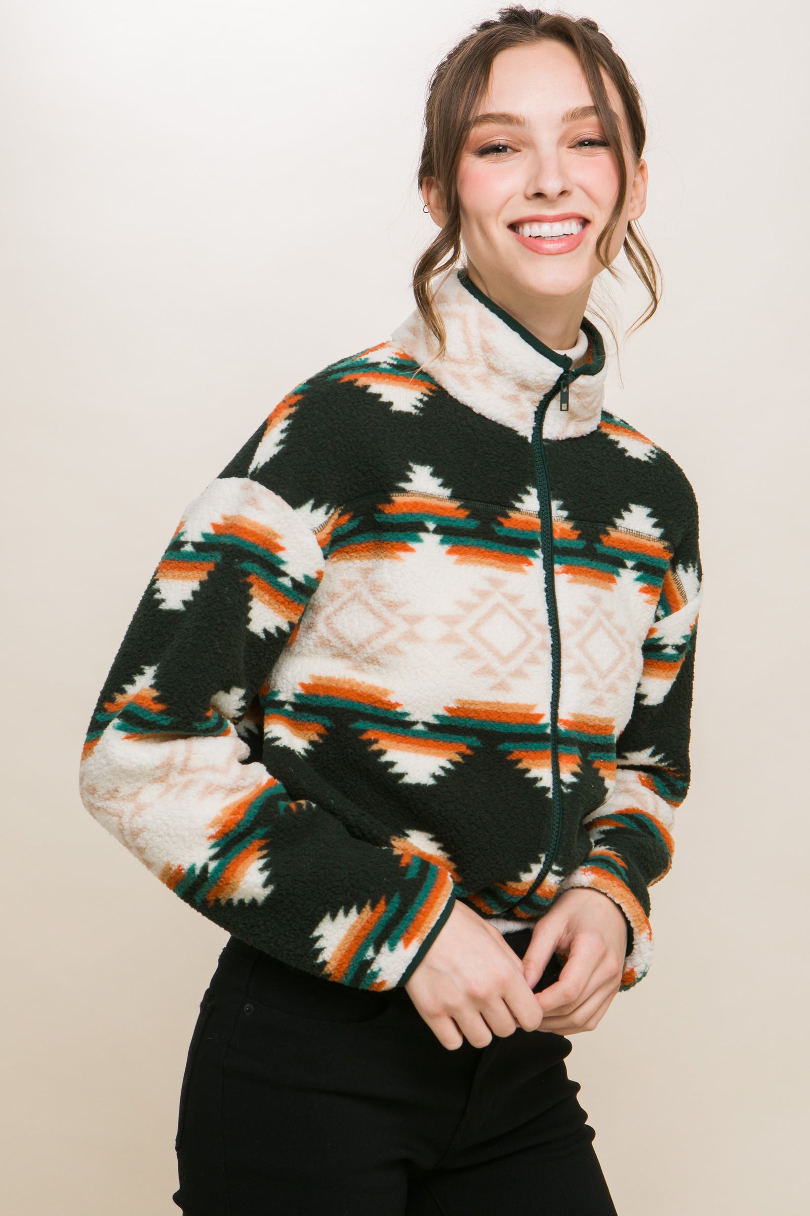 Aztec Hunter Fleece Crop Zip Up