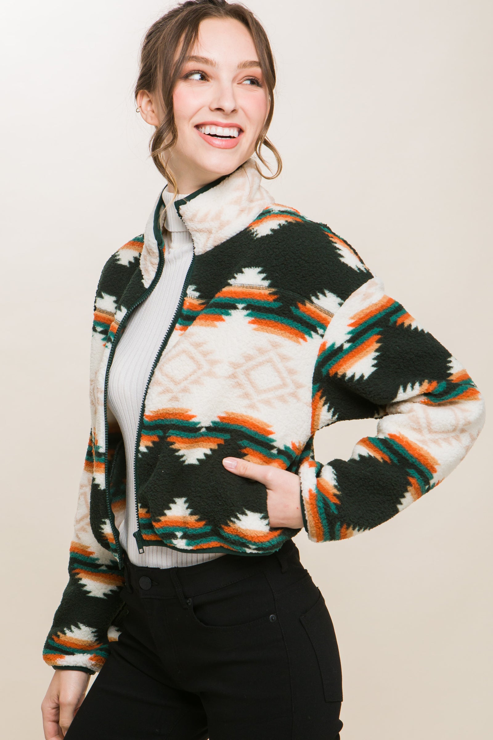 Aztec Hunter Fleece Crop Zip Up