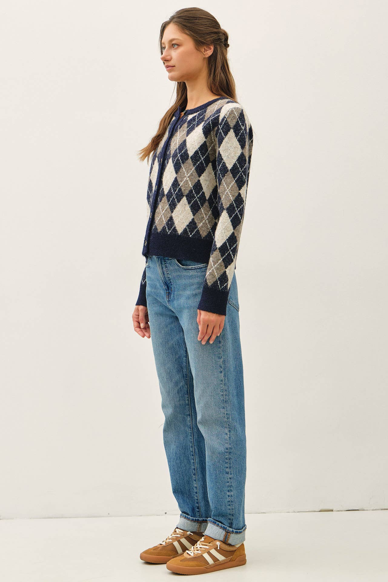 Argyle Wool Blend Button Cardigan