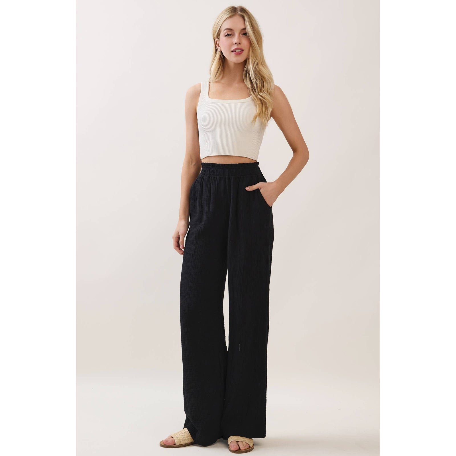 Cotton Double Gauze Wide Leg Pants