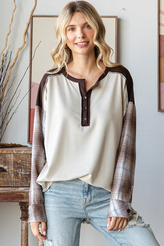 Cream Plaid Sleeve Henley Top
