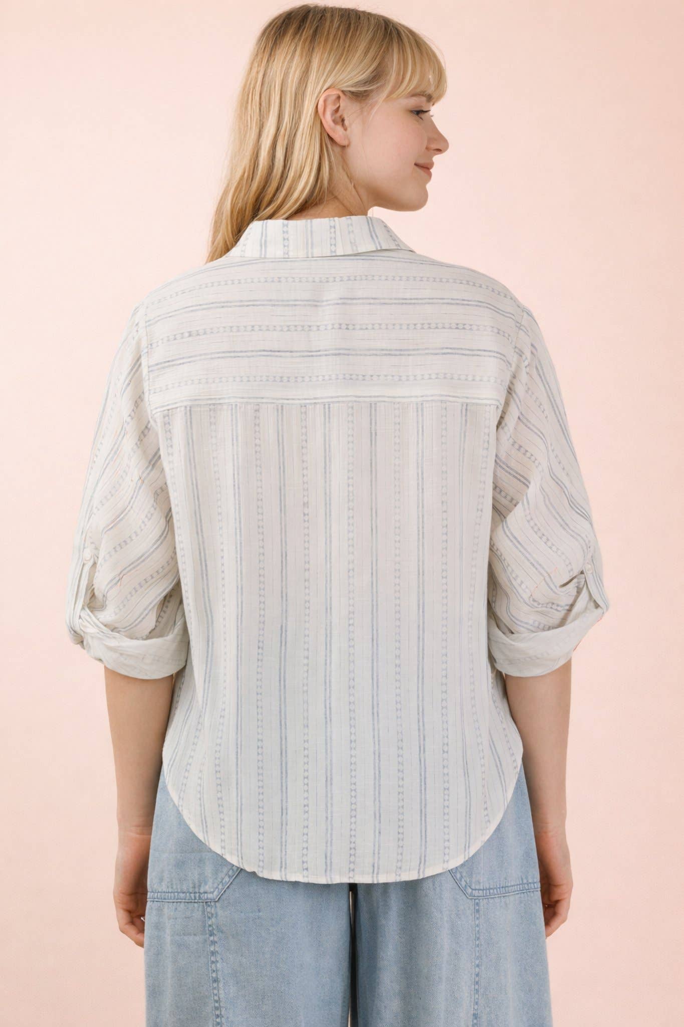 Roll Up Sleeve Blue Stripe Button Up