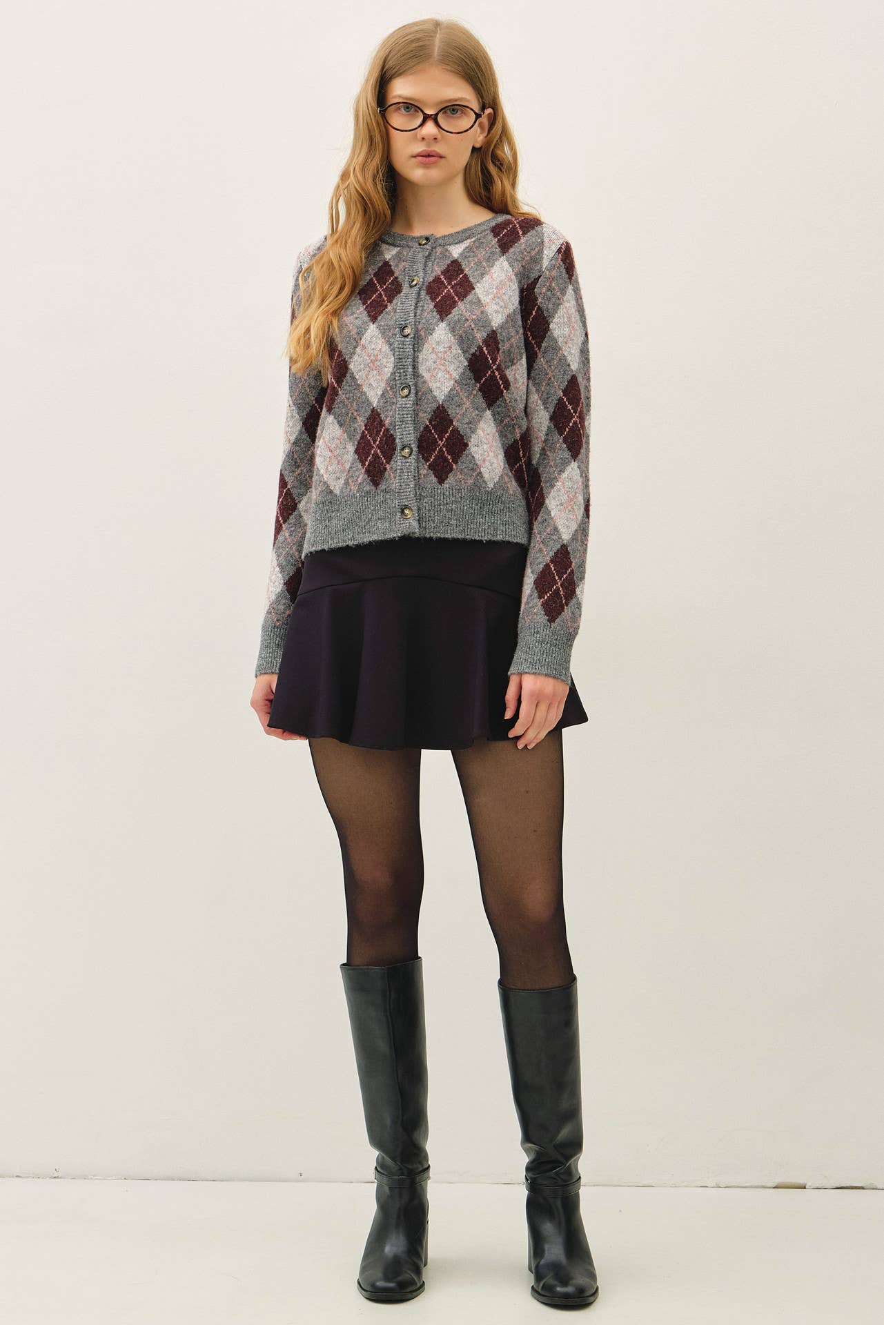 Argyle Wool Blend Button Cardigan
