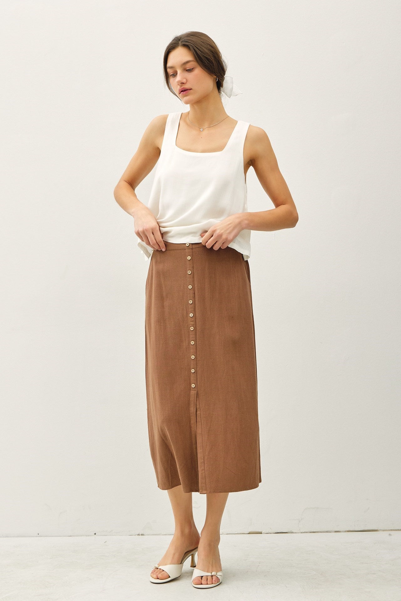 Coco Linen Blend Button Midi Skirt