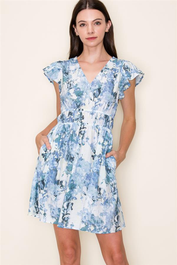 Blue Watercolor Floral Flutter Sleeve Dress