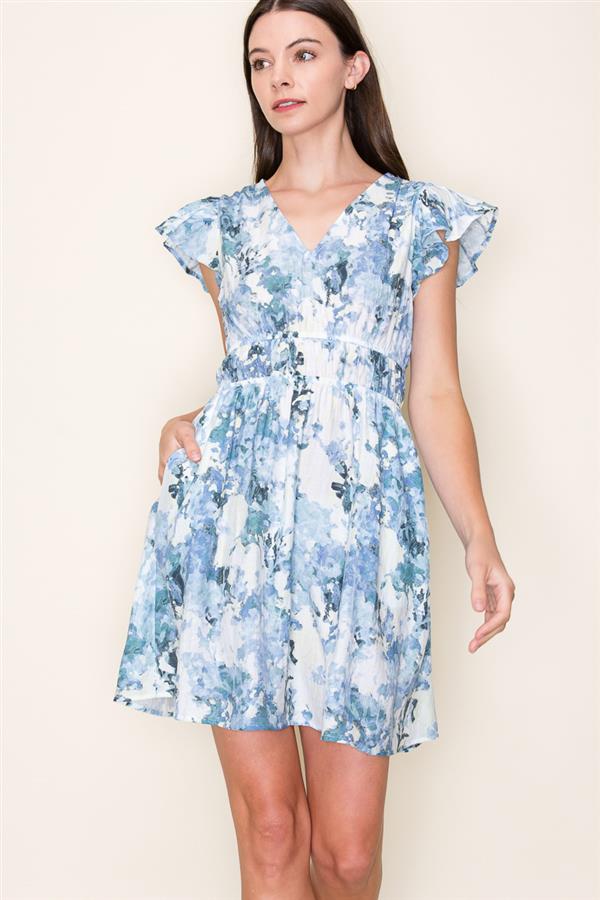 Blue Watercolor Floral Flutter Sleeve Dress