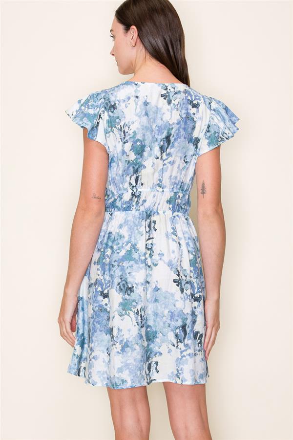 Blue Watercolor Floral Flutter Sleeve Dress